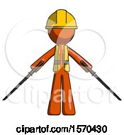 Poster, Art Print Of Orange Construction Worker Contractor Man Posing With Two Ninja Sword Katanas