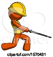 Poster, Art Print Of Orange Construction Worker Contractor Man With Ninja Sword Katana Slicing Or Striking Something