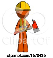 Poster, Art Print Of Orange Construction Worker Contractor Man Holding Red Fire Fighters Ax