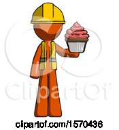 Poster, Art Print Of Orange Construction Worker Contractor Man Presenting Pink Cupcake To Viewer