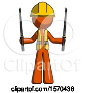Orange Construction Worker Contractor Man Posing With Two Ninja Sword Katanas Up