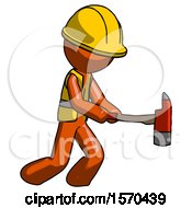 Poster, Art Print Of Orange Construction Worker Contractor Man With Ax Hitting Striking Or Chopping