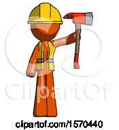 Poster, Art Print Of Orange Construction Worker Contractor Man Holding Up Red Firefighters Ax