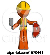 Poster, Art Print Of Orange Construction Worker Contractor Man Holding Large Steak With Butcher Knife