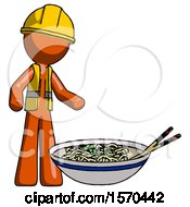 Poster, Art Print Of Orange Construction Worker Contractor Man And Noodle Bowl Giant Soup Restaraunt Concept