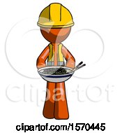 Poster, Art Print Of Orange Construction Worker Contractor Man Serving Or Presenting Noodles