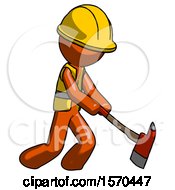 Poster, Art Print Of Orange Construction Worker Contractor Man Striking With A Red Firefighters Ax