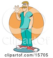 Male Nurse Doctor Or Veterinarian Wearing Turquoise Scrubs And Waving Clipart Illustration