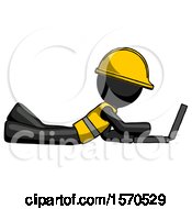 Poster, Art Print Of Black Construction Worker Contractor Man Using Laptop Computer While Lying On Floor Side View