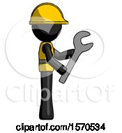 Poster, Art Print Of Black Construction Worker Contractor Man Using Wrench Adjusting Something To Right