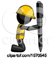 Black Construction Worker Contractor Man Posing With Giant Pen In Powerful Yet Awkward Manner