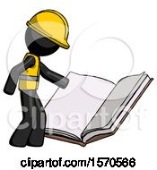 Black Construction Worker Contractor Man Reading Big Book While Standing Beside It