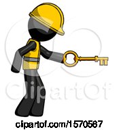 Black Construction Worker Contractor Man With Big Key Of Gold Opening Something
