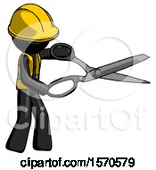Poster, Art Print Of Black Construction Worker Contractor Man Holding Giant Scissors Cutting Out Something