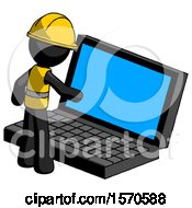 Poster, Art Print Of Black Construction Worker Contractor Man Using Large Laptop Computer