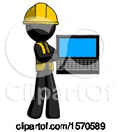 Poster, Art Print Of Black Construction Worker Contractor Man Holding Laptop Computer Presenting Something On Screen