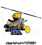 Poster, Art Print Of Black Construction Worker Contractor Man Flying In Gyrocopter Front Side Angle Top View