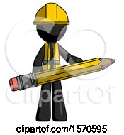 Poster, Art Print Of Black Construction Worker Contractor Man Writer Or Blogger Holding Large Pencil