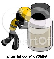 Poster, Art Print Of Black Construction Worker Contractor Man Pushing Large Medicine Bottle