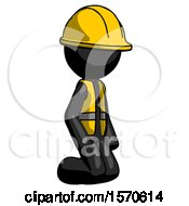 Black Construction Worker Contractor Man Kneeling Angle View Right