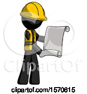 Poster, Art Print Of Black Construction Worker Contractor Man Holding Blueprints Or Scroll