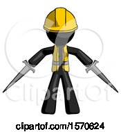 Poster, Art Print Of Black Construction Worker Contractor Man Two Sword Defense Pose