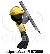 Poster, Art Print Of Black Construction Worker Contractor Man Stabbing Or Cutting With Scalpel
