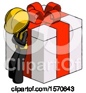 Poster, Art Print Of Black Construction Worker Contractor Man Leaning On Gift With Red Bow Angle View