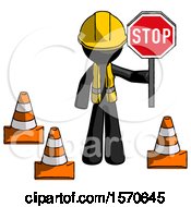 Poster, Art Print Of Black Construction Worker Contractor Man Holding Stop Sign By Traffic Cones Under Construction Concept