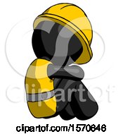Black Construction Worker Contractor Man Sitting With Head Down Back View Facing Right