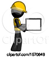 Poster, Art Print Of Black Construction Worker Contractor Man Show Tablet Device Computer To Viewer Blank Area