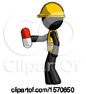Black Construction Worker Contractor Man Holding Red Pill Walking To Left