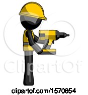 Poster, Art Print Of Black Construction Worker Contractor Man Using Drill Drilling Something On Right Side