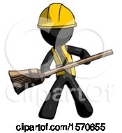 Black Construction Worker Contractor Man Broom Fighter Defense Pose