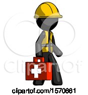 Black Construction Worker Contractor Man Walking With Medical Aid Briefcase To Right