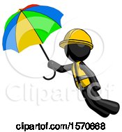 Black Construction Worker Contractor Man Flying With Rainbow Colored Umbrella
