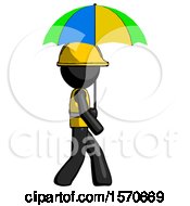 Black Construction Worker Contractor Man Walking With Colored Umbrella