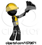 Poster, Art Print Of Black Construction Worker Contractor Man Dusting With Feather Duster Upwards