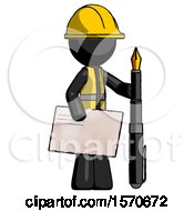 Poster, Art Print Of Black Construction Worker Contractor Man Holding Large Envelope And Calligraphy Pen