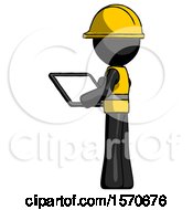 Poster, Art Print Of Black Construction Worker Contractor Man Looking At Tablet Device Computer With Back To Viewer