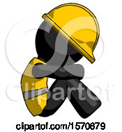 Black Construction Worker Contractor Man Sitting With Head Down Facing Sideways Right