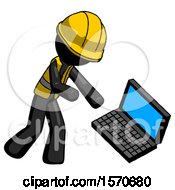 Poster, Art Print Of Black Construction Worker Contractor Man Throwing Laptop Computer In Frustration