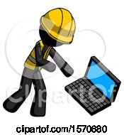 Black Construction Worker Contractor Man Throwing Laptop Computer In Frustration