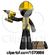 Poster, Art Print Of Black Construction Worker Contractor Man Holding Drill Ready To Work Toolchest And Tools To Right
