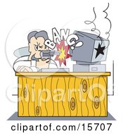 Frustrated Man Blowing His Computers Brains Out With A Gun Clipart Illustration
