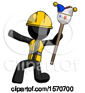 Poster, Art Print Of Black Construction Worker Contractor Man Holding Jester Staff Posing Charismatically