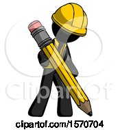 Poster, Art Print Of Black Construction Worker Contractor Man Writing With Large Pencil