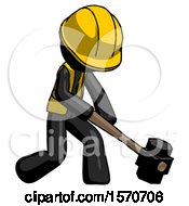 Poster, Art Print Of Black Construction Worker Contractor Man Hitting With Sledgehammer Or Smashing Something At Angle