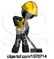 Poster, Art Print Of Black Construction Worker Contractor Man Cleaning Services Janitor Sweeping Side View