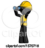 Poster, Art Print Of Black Construction Worker Contractor Man Looking Through Binoculars To The Left